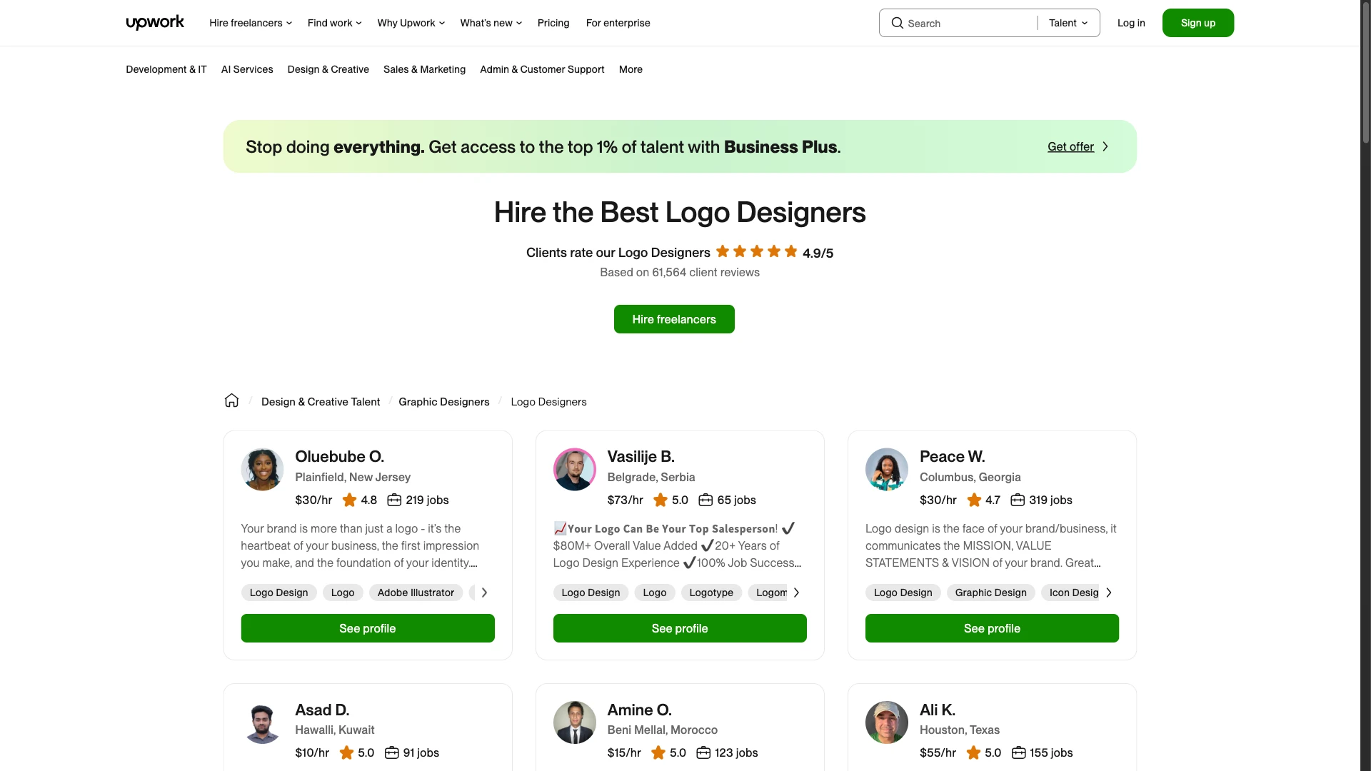 Upwork logo designers hiring page